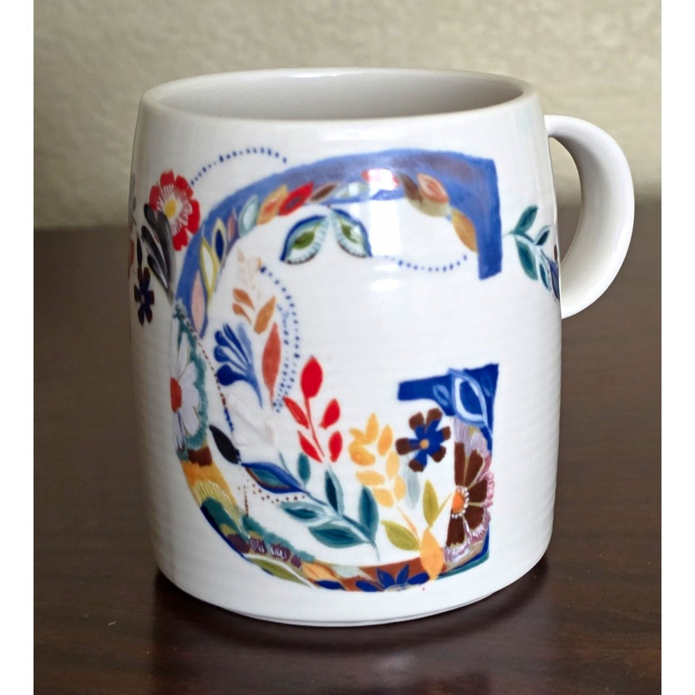 Anthropologie Starla Halfmann Petal Palette Monogram Letter G Floral Coffee Mug